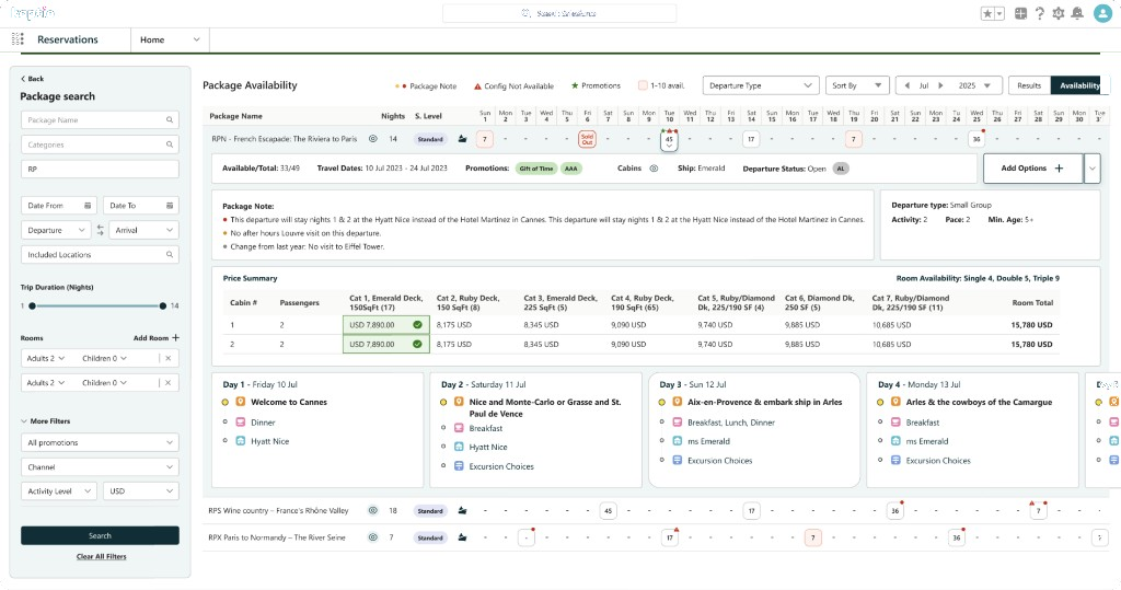 Kaptio package availability screen showing search filters, calendar availability, pricing, and day-by-day itinerary details
